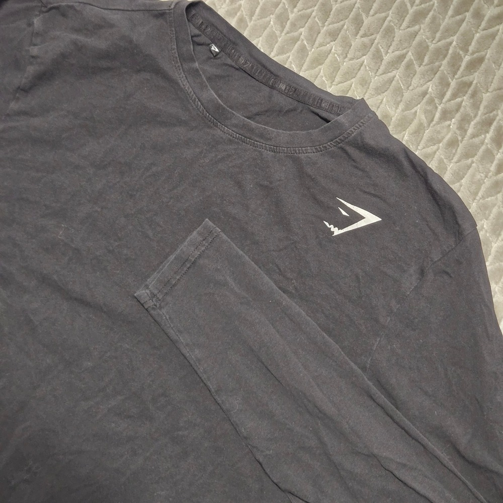 Gymshark Mens Long Sleeve Training Shirt Charcoal Black Logo Curved Hem Large